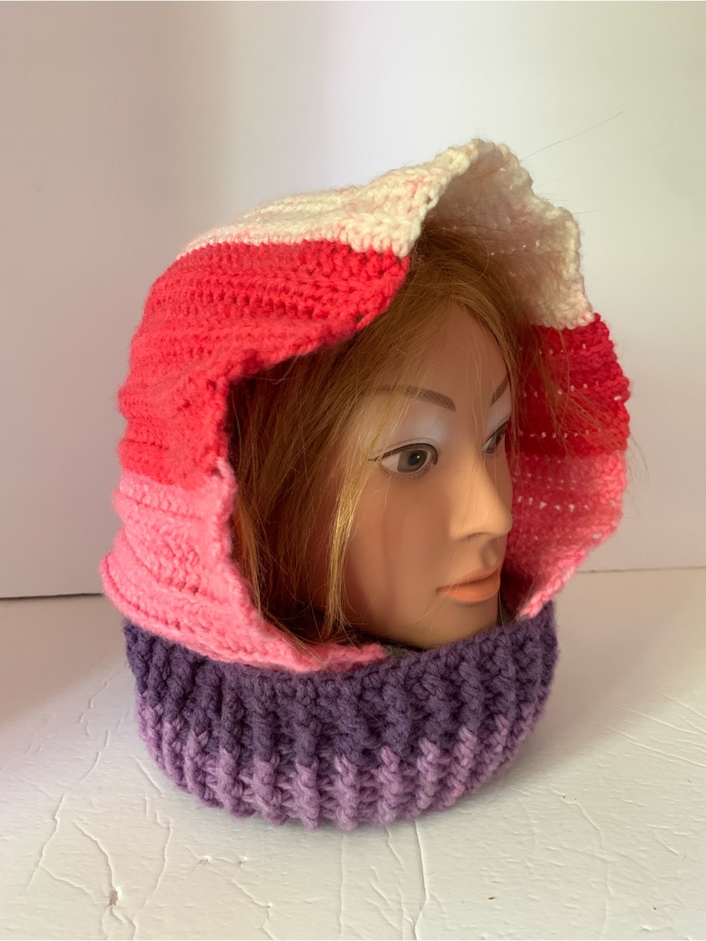 Handmade Crochet Hooded Cowl Pink Purple Hood Scarf Neck Warmer